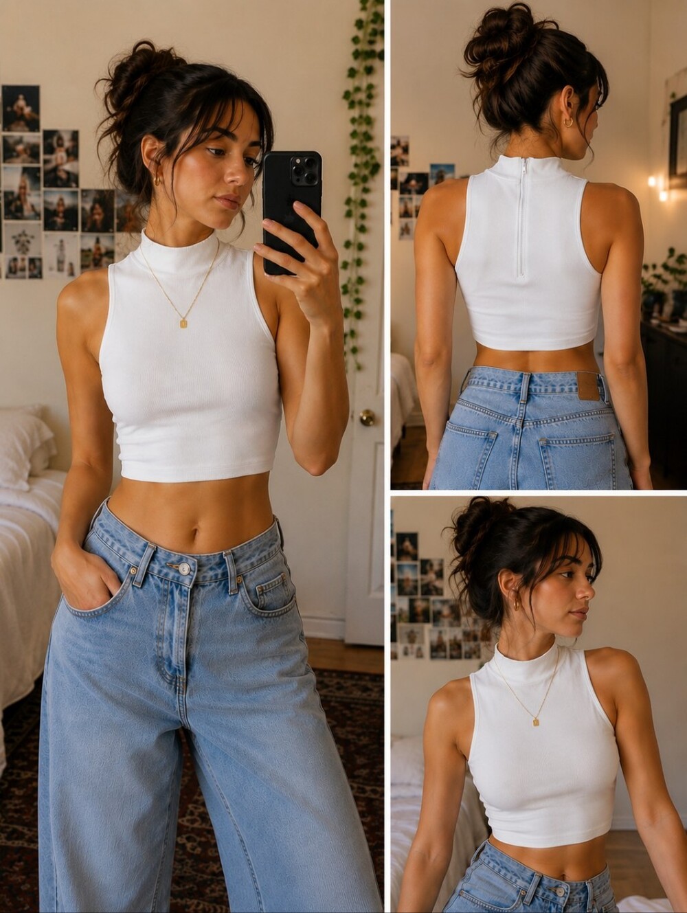 Size XL White Sleeveless Highneck Back Zip Ladies Crop Top